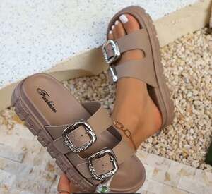 Thick Soled Double Strap Slide Sandals Taupe Rhinestone Buckles